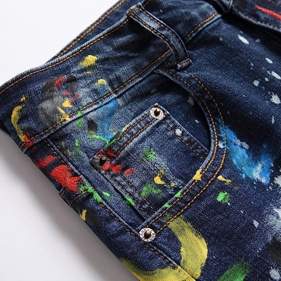New Mens Painted Designer Slim Fit Jeans Multiple Sizes - Picture 3 of 3